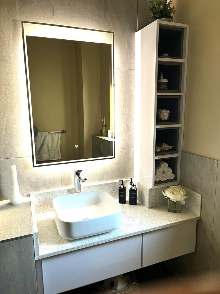 Bathroom renovation with built-in cupboard
